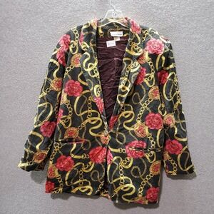 VINTAGE Intriguing‎ Threads Women Jacket Large Black Floral Blazer Gold Chains
